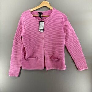 New Olsen Women Ribbed Cardigan Cotton Regular Fit Size S/M 8 Pink Sweater